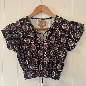 Clara The Label Floral Peasant Crop Top Flutter Sleeve Cotton Size Large